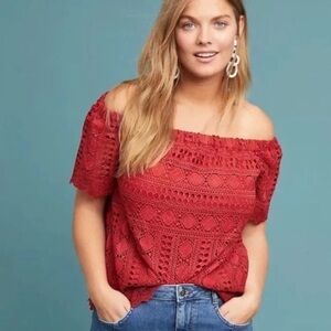 Anthropologie Sunday in Brooklyn Brick Red Lace Off-Shoulder Blouse